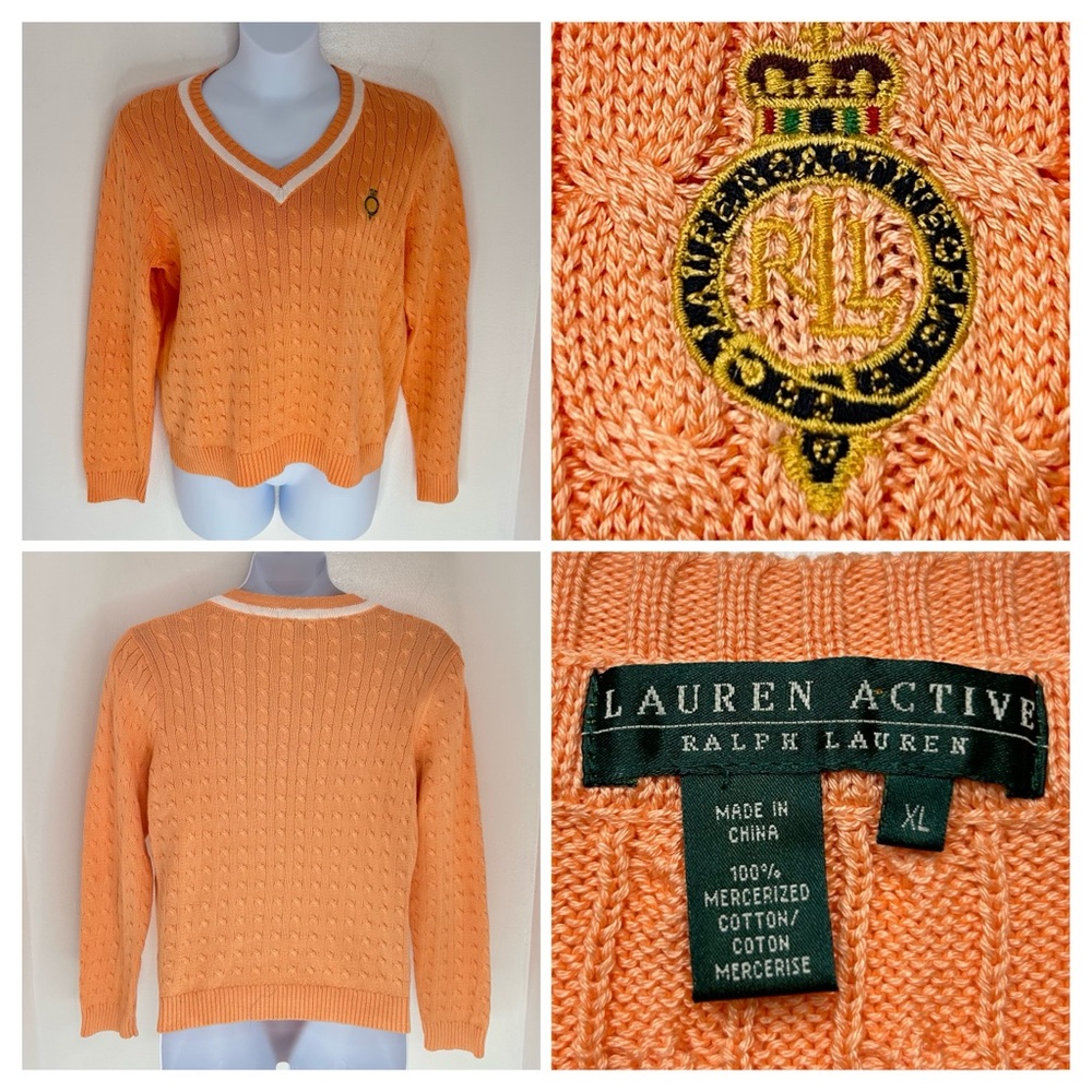 Lauren‎ Active Ralph Lauren Sweater XL Cableknit Crest Preppy Tennis Golf Peach
